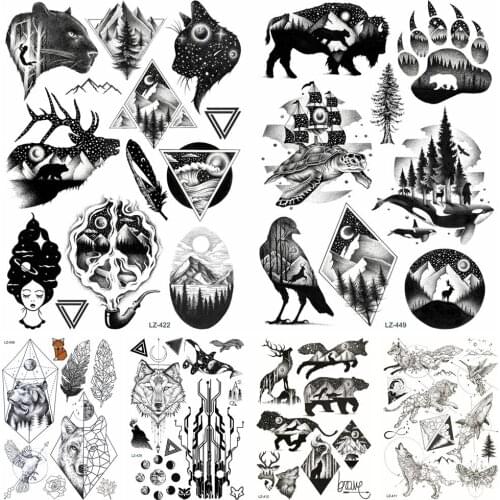 Creative Black Fake Waterproof Galaxy Animals Peak Fun Temporary Tattoos Stickers For Kids Body Arm Tattoo Paper Women Men DIY