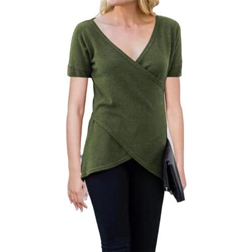 Fashion Women T-Shirt Summer Plus Size Asymmetric Hem Sexy V-Neck Polyester Female Tee Shirt Casual Loose Top Women Tshirt