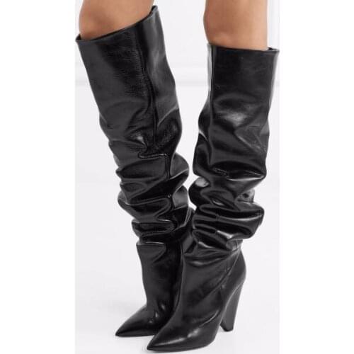 Newest Fashion Women Pointed Toe Black Brown Leather Over Knee Spike Heel Boots Folded Long High Heel Boots Sexy Boots