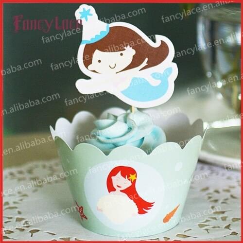 Ocean mermaid Cupcake Wrapper Birthday Party Cake Decorations for Baby Shower Christmas Party Supplies(12pcs Wraps+12 Toppers)