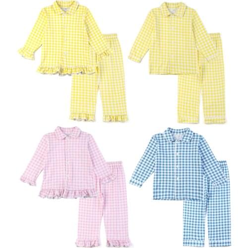Wholesale Kids clothing 100% cotton plain red pajamas winter ruffle baby Christmas boutique home wear full sleeve pyjamas