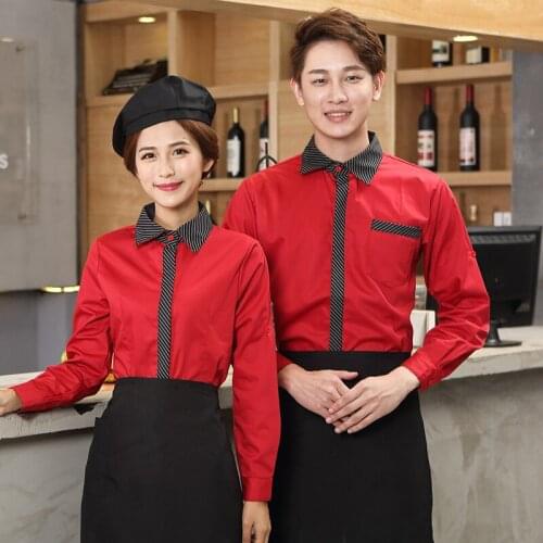 Wholesales Work Clothing 2018 Hotpot Restaurant Waiter Uniform+Apron Set Adjusted Sleeve Red Striped Work Wear DIY Logo Uniforms