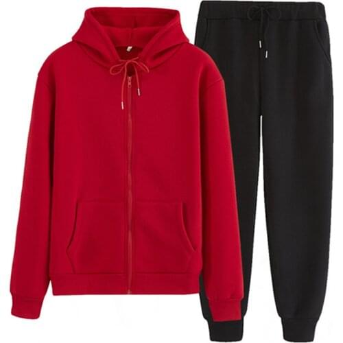 Women Tracksuit Men 2 Pieces Set Autumn Winter Hooded Sweatshirt+Pants Solid Color Zipper Hooded with Pockets Sportswear Outfits