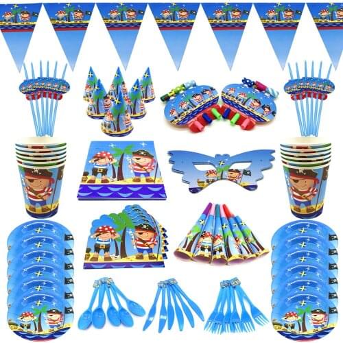 Little Pirate Party Theme kids birthday decor pirate Party Plates invitation card cups blue tablecloth Pirate Party Set supplies