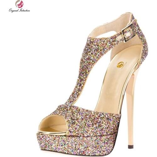 Original Intention Fashion Women Pumps Glitter Buckle Strap Peep Toe Thin Heels Pumps Multicolor Shoes Woman Plus Size