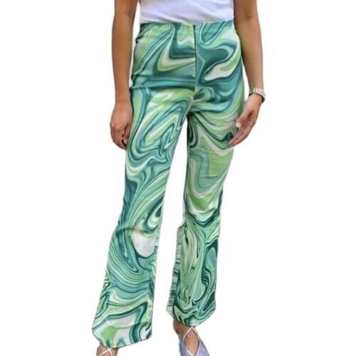 TYJTJY 2021 Tie Dye Print Pants Women Y2K Green Wide Leg Summer Spring Casual Vintage High Waist Zipper Fashion Trousers 90S
