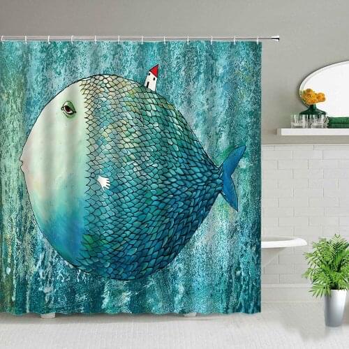 Classic Creative Cartoon Whale Ocean Animal Shower Curtain Set Nordic Style Design Background Decor Cloth Curtains Bath Screens