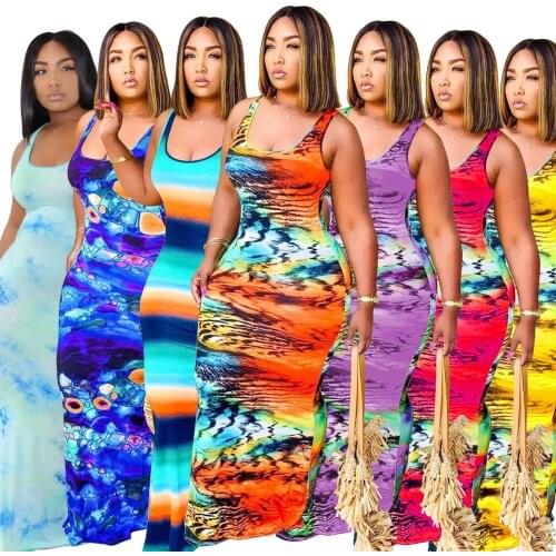 Women New Striped Tie Dye Print Sleeveless Bodycon Midi Maxi Tank Tee Dress Fashion Classic Beach Holiday Long Dresses