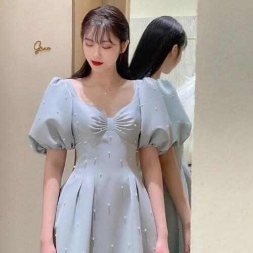 2021 Bride Light Blue Square Neck Beading Wedding Dress Women French Short Sleeve A-line Ball Gown Formal Dresses Toast Clothing