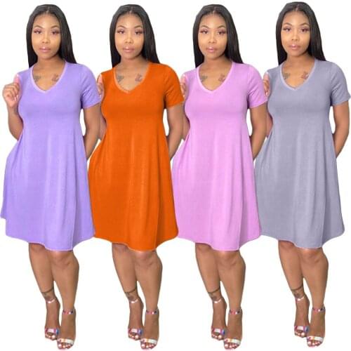Women Loose Fit Knee Dress with Pockets Solid Color Short Sleeve V Neck Casual Boho Beach Dress Summer Outfit Midi Clothings