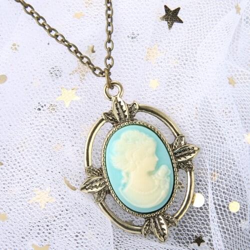 1 Pc Vintage Bronze Light Blue Cameo Necklace The Vampire Diaries Katherine Beauty Head Pendant Necklace for Women Gift