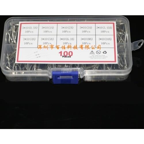 100Pcs Boxed 3.6x10mm double cap glass fuse with feet 0.5A~10A slow break fuse set 10 kinds specifications × 10Pcs