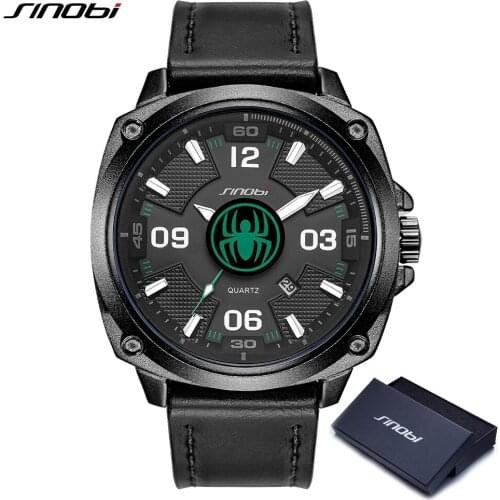 SINOBI Watches Brand Luxury Men Watches Black Leather Analog Quartz Watch for Male Waterproof Clock Man Military Wristwatches