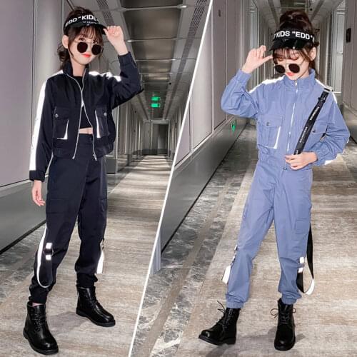 Kids Costume Teen Girls Clothing Set 2020 Autumn Striped Reflect Jacket Pants Suit School Girl Tracksuit Cool Clothes Set 10 12Y