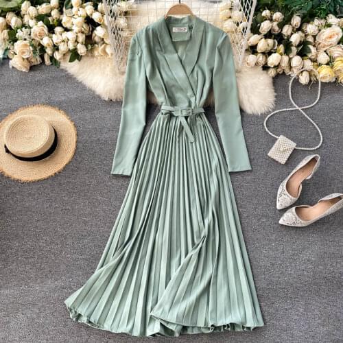 Elegant Autumn V-neck Maxi Dress Solid Women Long Sleeve Sashes Pleated Dress Chic High Waist Female A-line Party Dresses 2021