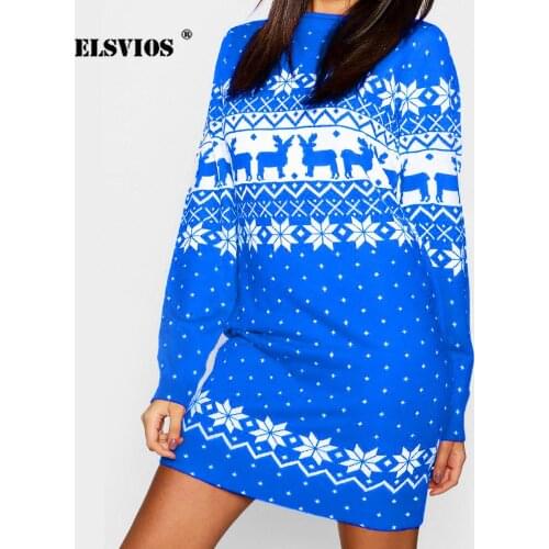 ELSVIOS 2019 Christmas Dress Women Snowflake Deer Print O-neck Party Dress Fashion Long Sleeve Loose A-Line Mini Dresses Vestido