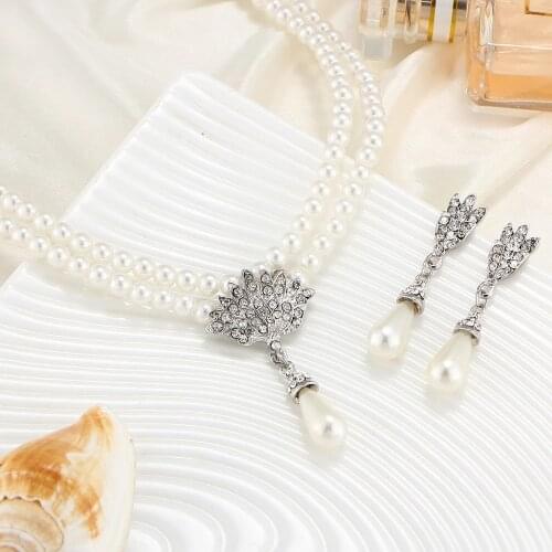 European And American Jewelry Bride Pearl Crystal With Short Collarbone Neck Necklace Set Earrings Korean Version Temperament
