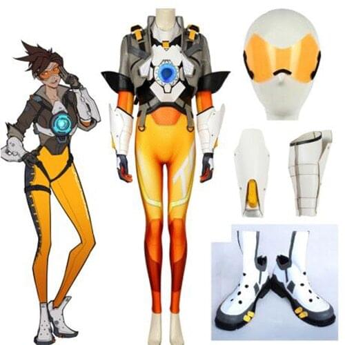Game OW2 Lena Oxton Tracer Cosplay Outfit Soldier 76 Halloween Costumes with Jumpsuit Shoes Glasses LED Light Chest Back Props