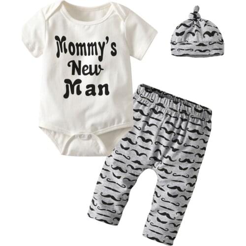 Newborn Infant Clothing Set Newborn Baby Boys Short Sleeve Letter Romper Tops Moustache Print Pants Outfits Clothes Set With Hat