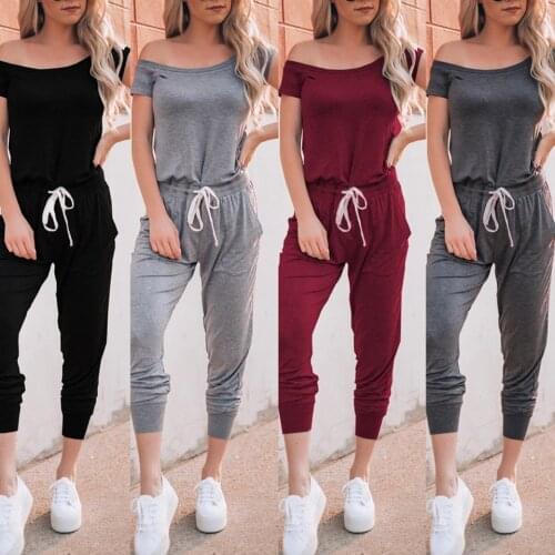 Slash Neck Casual Solid Color Short Sleeve Skinny Jumpsuit One Shoulder Waisted Drawstring Simple Plain Jumpsuit Tapered Pockets