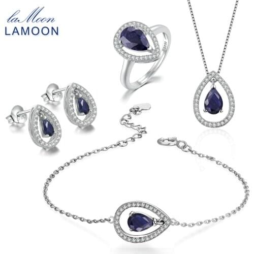 LAMOON X5mm Teardrop 100% Real Blue Sapphire 925 sterling-silver-jewelry Crown Jewelry Set S925 For Women V040-1