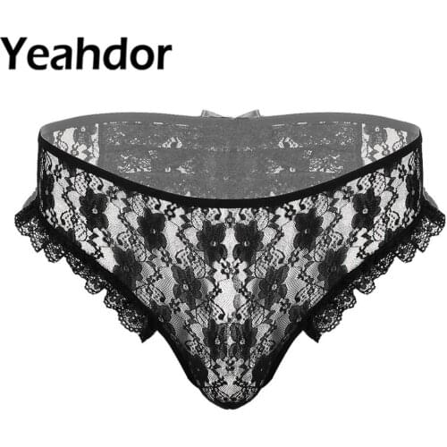 Mens Sheer Floral Lace Sissy Lingerie Low Rise Crotchless Panties Hommes Elastic Waistband Sexy Lace G-string Briefs Underwear