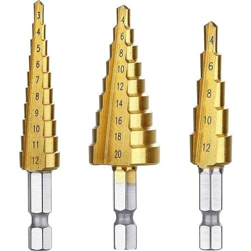 3Pcs Step Drill Bits Set HSS 3-12/4-12/4-20 Titanium Coated Straight Flutes Hex Shank Metal Wood Pagoda Drilling Power Tool