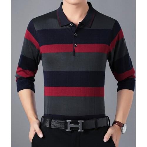 2020 stripe long-sleeve shirt men casual Shirts turn-down collar boss sweater cotton Middle-aged men clothing M~2XL