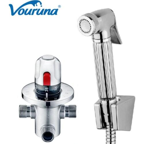 Portable Toilet Hand Bidet Spray with Thermostatic Controlled Hot/cold Water Mixer Valve Solid Brass Shattaf Mini Muslim Shower