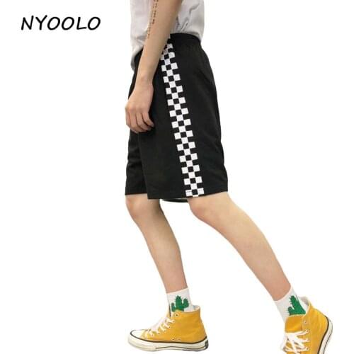NYOOLO Harajuku design 2018 summer black white plaid shorts streetwear elastic waist casual straight shorts men and women