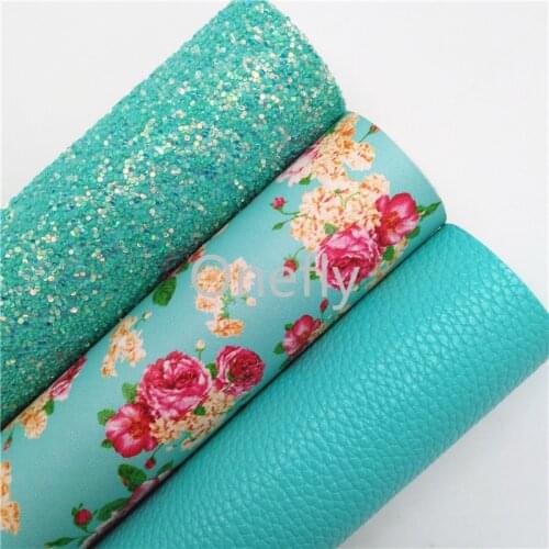 Onefly Blue Glitter Leather, Rose Flowers Printed Faux Leather Litchi Fabric Sheets For Bow DIY handbags shoes BQ005