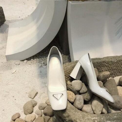 Real Leather Pumps Women High Heels Patent Shoes Sqaure Toe Solid Ladies Dress Shoes Chic Luxury Brand New Fashion Woman Shoe