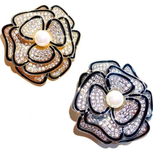 Luxurious Cubic Zirconia Flower Brooch Vintage Pearl Camellia Brooches for Women Trendy Wedding Costume Pins Broche Female Gifts