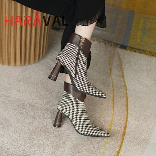 HARAVAL Women Ankle Boots Shoes Fashion Elegant High Heels Pointed Toe Footwear Gingham Shoes Women Spring Autumn Boots E413L