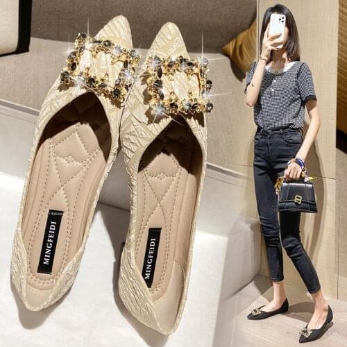Spring Autumn Flats Women 2021 New Rhinestone Bling Square Button Shallow Pointed Toe Flat Womens Shoes Large Size 41 42 43