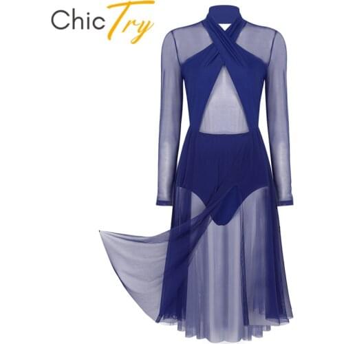 ChicTry Women Halter Long Sleeve Sheer Mesh Dancewear Gymnastics Leotard Ballet Dress Adult Contemporary Lyrical Dance Costumes