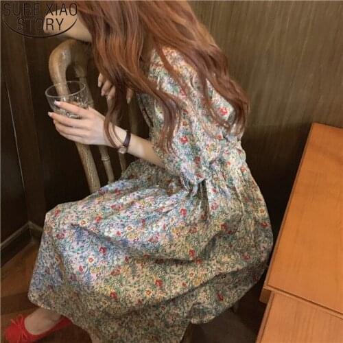Vintage Puff Sleeve Floral Print Dresses Women Midi Long Party Dress 2021 French Style Vestido Feminino Dress for Women 14557