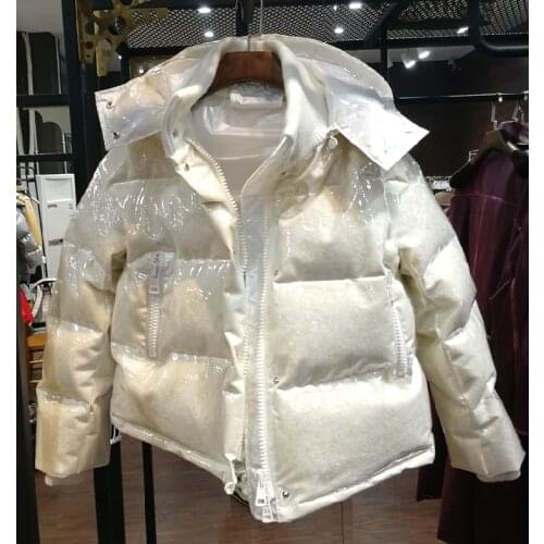 Winter fashion shiny down jacket women TPU anti-freezing and anti-cracking plastic shell thickening warm hooded jacket