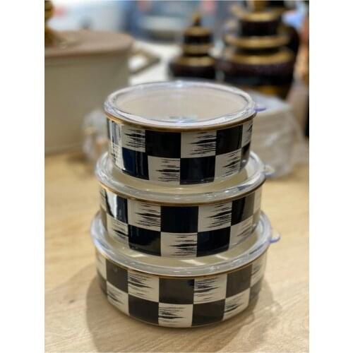 Mackenzie style Checkered Pattern Lux Enamel 3 Pcs Vacuum Storage Container