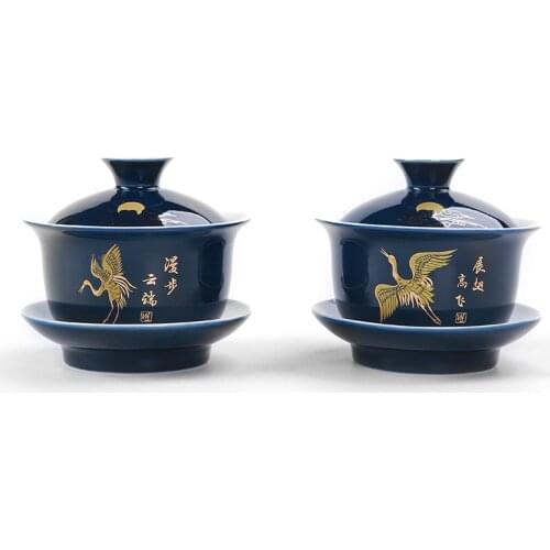 Noble blue outline in gold Tea Tureen cup,cover bowl tea set gaiwan tea porcelain pot set travel Beautiful kettle 150ml