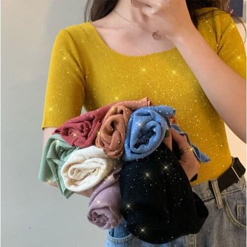 Shiny Short Sleeve T-Shirt Bling Elegant Woman Summer Clothes Reflective Fashion Tops Korean Satin Solid Loose Casual Plus Size