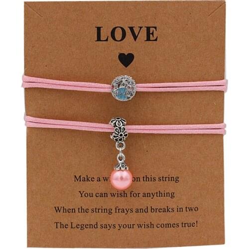 2pcs set Pink imitation pearl pendant Bracelets Adjustable Wish Bracelet beach summer bestfriend Gifts for sister