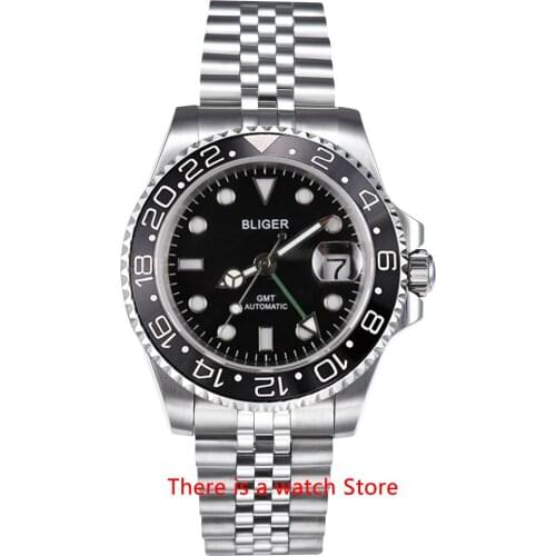Bliger 40mm Automatic Mechanical Men Watch Luxury Sapphire Crystal Ceramic Bezel GMT Watch Luminous Waterproof Wristwatch Men