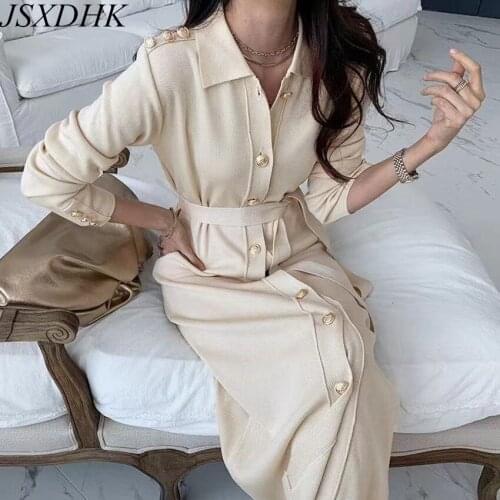 JSXDHK High Quaity Women Knitted Cardigan Dress 2021 Fall Winter Turn Down Collar Single Breasted Knitwear Long Dress With Belt