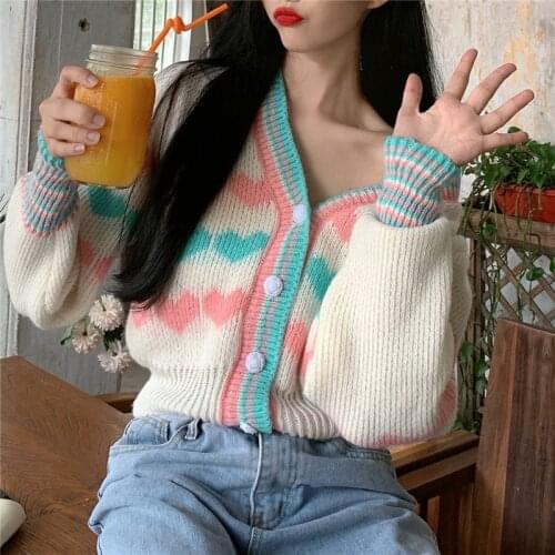 Korean Autumn Winter Preppy Style Lazy Kawaii V-Neck Heart-shaped Jacquard Full Sleeve Sweaters Knitting Pullover Sweater Female