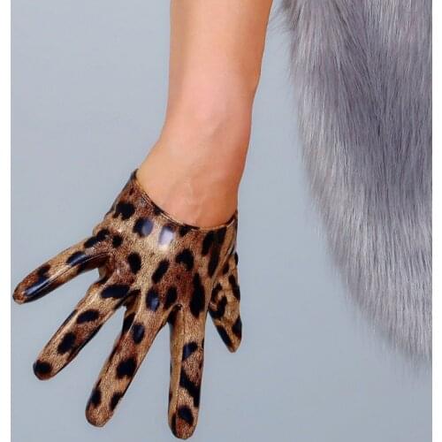 Leopard Extra Short Gloves 13cm Female Faux Leather Bright Patent Leather Brown Leopard Women Leather Gloves WPU292