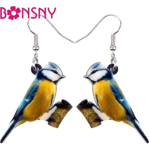 Bonsny Acrylic Lovely Eurasian Blue Tit Bird Earrings Big Long Dangle Drop Novelty Animal Jewelry For Women Girls Gift Wholesale