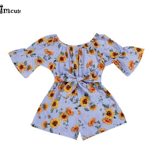 Toddler Kids Baby Girl 2019 New in Fashion Summer Clothes Causal Cotton Flower Stripe Flare Sleeve Jumpsuit Bodysuit Outfits Set