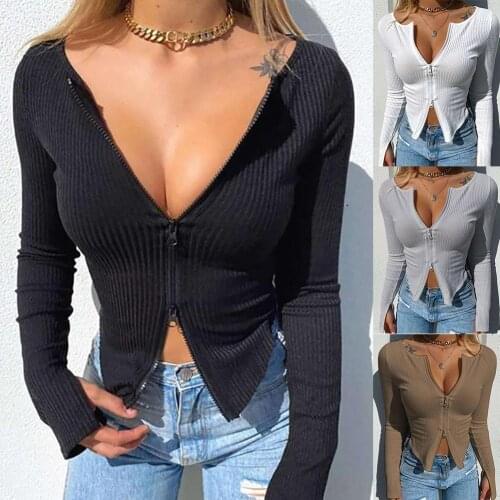 3xl Sexy Crop Top Women Sexy Double Zippers Deep V Neck Long Sleeves Split Solid Color Top Shirt White Summer Women Top