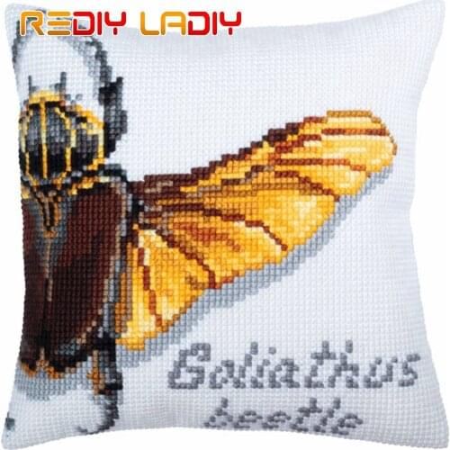 DIY Cross Stitch Cushion Goliathus Beetle Needlepoint Kits Pre-Printed Canvas Thick Yarn Cross-stitch Pillow Case Art and Crafts